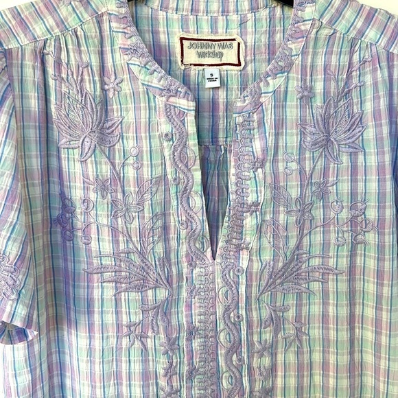 Johnny Was Malo Puff Sleeve Blouse Lilac Embroidered Plaid Bird Floral Small - Picture 4 of 13
